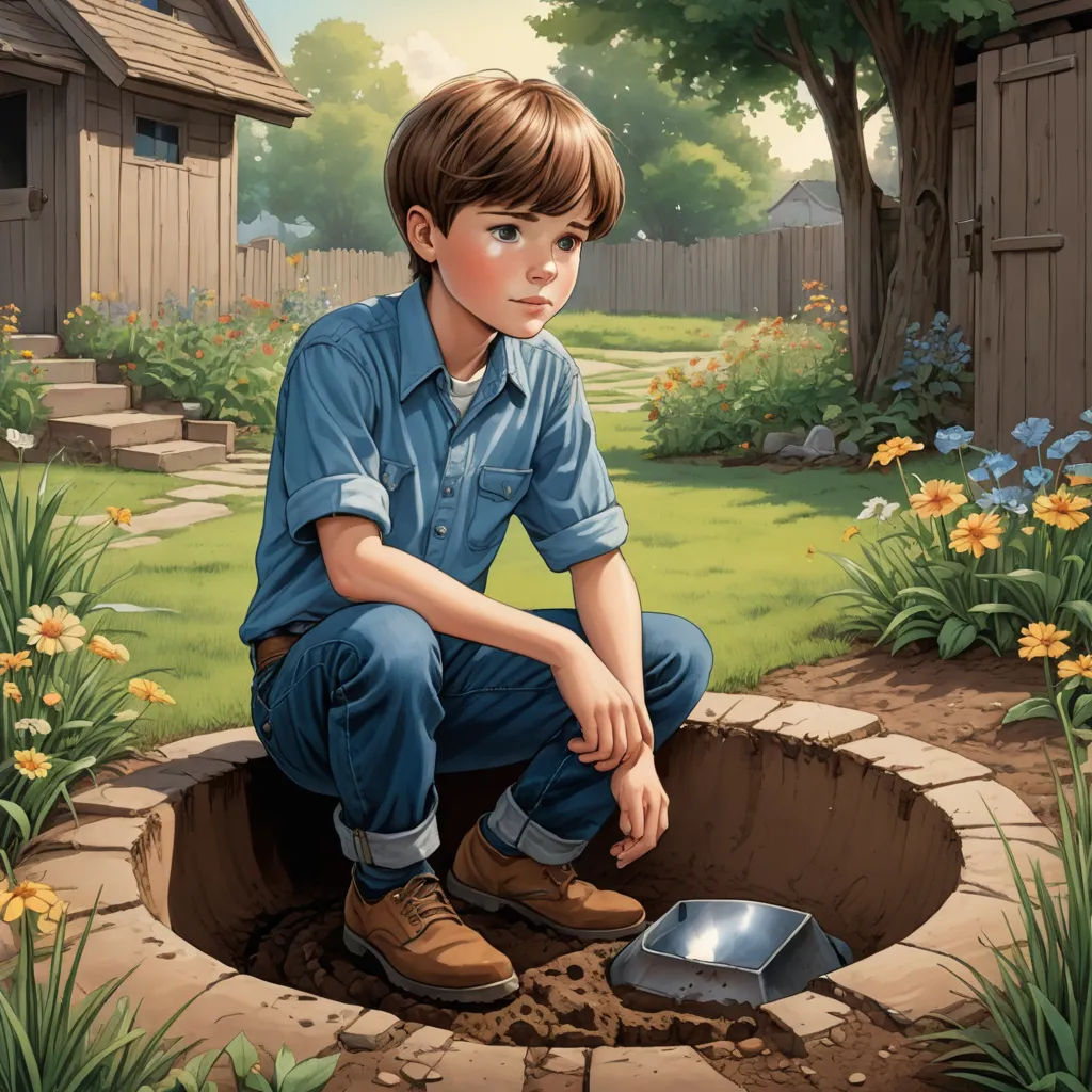 a boy sitting in a hole with a shovel in it and a flower garden in the background, with a house in the background, sots art, a storybook illustration, F Scott Hess, official art