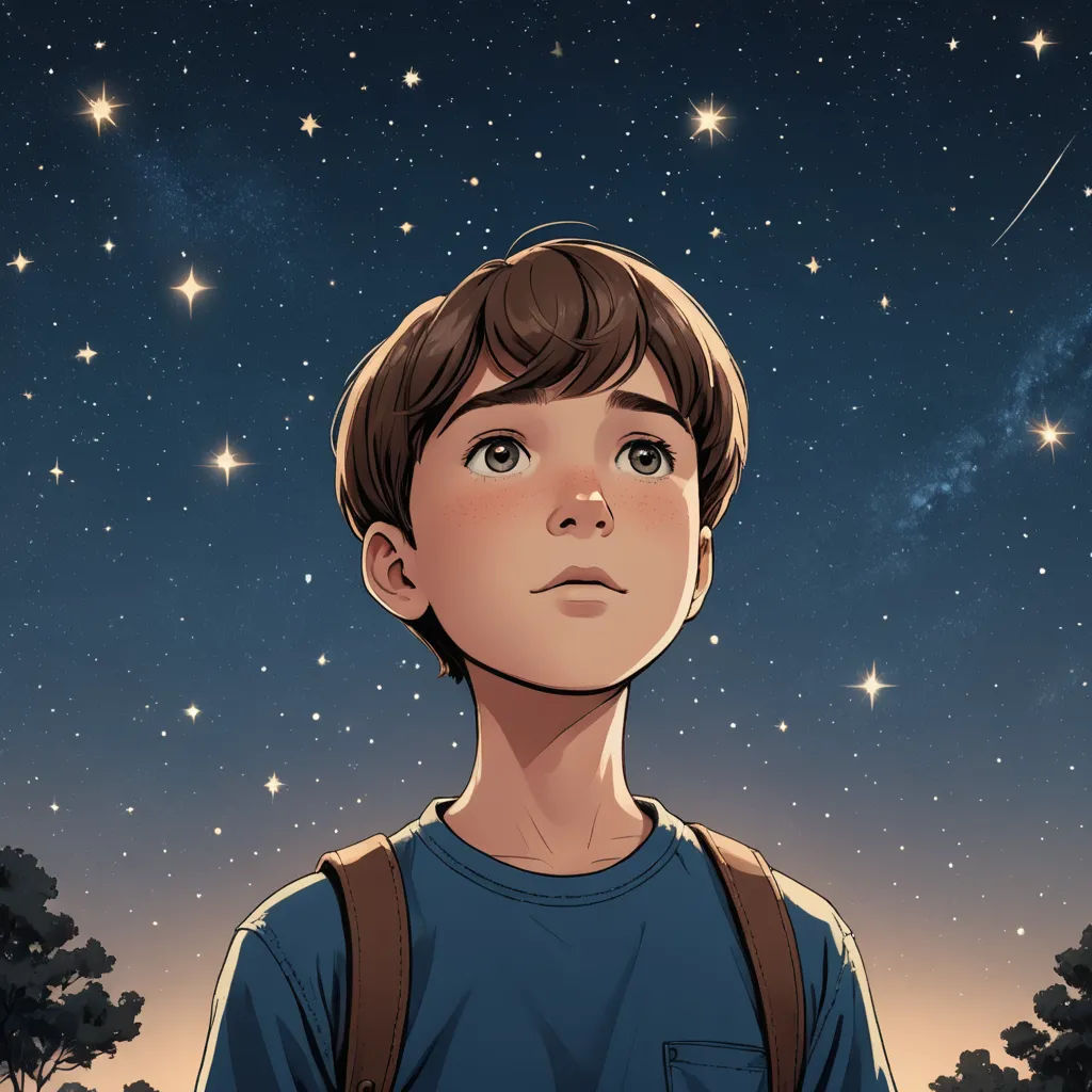 a boy with a backpack looking up at the stars in the sky above him, with a tree in the foreground, space art, a storybook illustration, Aaron Jasinski, rossdraws global illumination
