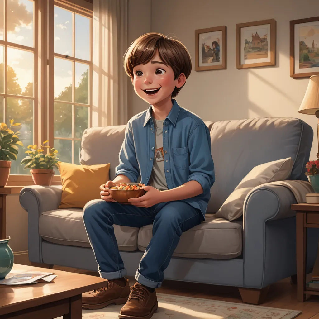 a boy sitting on a couch holding a bowl of cereal in his hands and smiling at the camera,, american scene painting, a storybook illustration, Chris LaBrooy, cgstudio