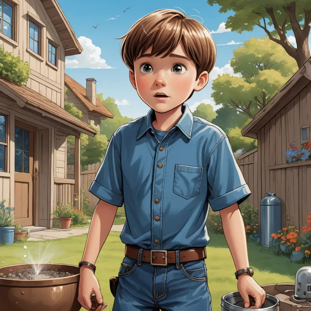 a boy in a blue shirt is holding a bucket of water in front of a house and a yard, american scene painting, a storybook illustration, Aaron Jasinski, kinkade