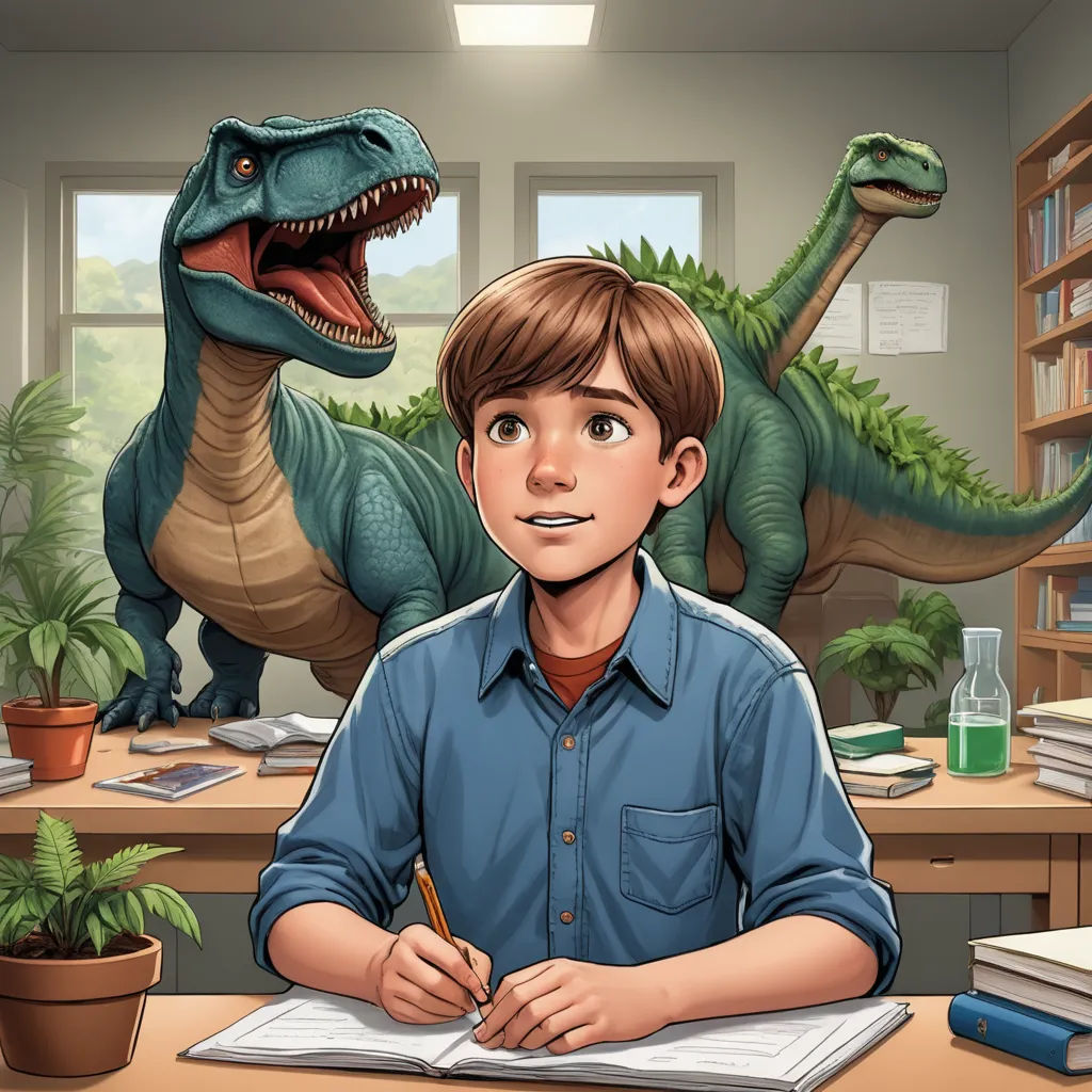a boy is writing in front of a dinosaur statue in a library with a book and a pen in his hand, academic art, a storybook illustration, Adam Rex, rossdraws global illumination