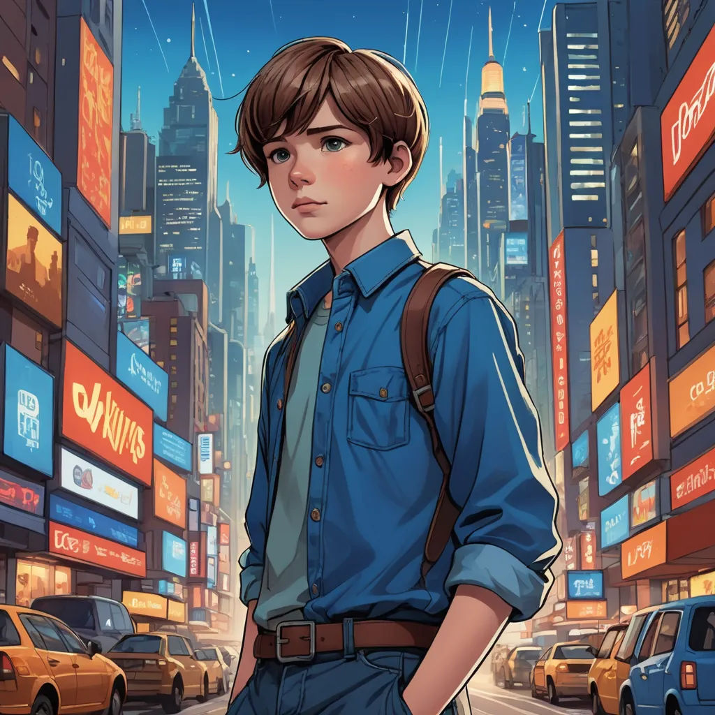 a boy standing in the middle of a city street with a backpack on his shoulder and a cityscape in the background, american scene painting, poster art, Cedric Seaut (Keos Masons), rossdraws global illumination
