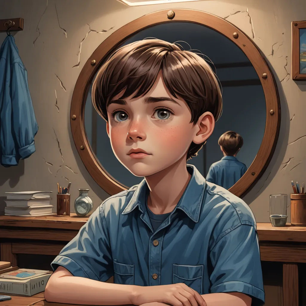 a boy sitting at a table in front of a mirror with his arms crossed and looking at the camera, photorealism, an ultrafine detailed painting, Aaron Jasinski, stanley artgerm lau
