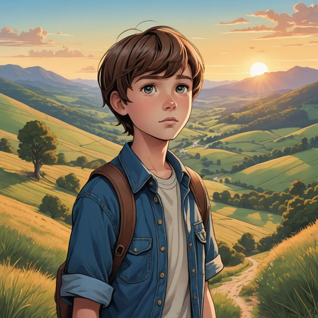 a boy with a backpack standing in a field with a sunset in the background and hills in the background, sots art, a character portrait, Aaron Jasinski, rossdraws global illumination