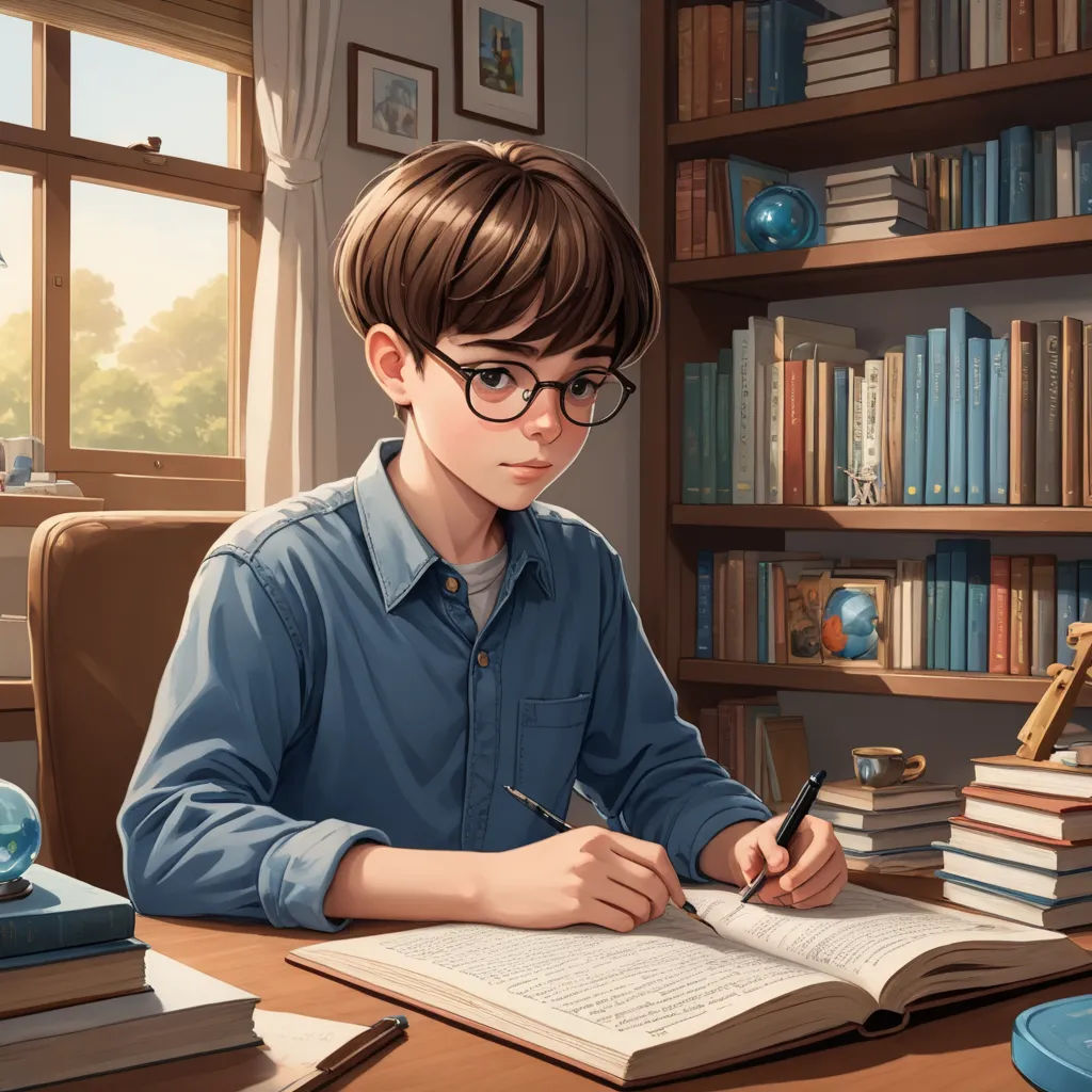 a boy sitting at a desk with a book and pen in his hand and a book in front of him, photorealism, a storybook illustration, Aaron Jasinski, stanley artgerm lau