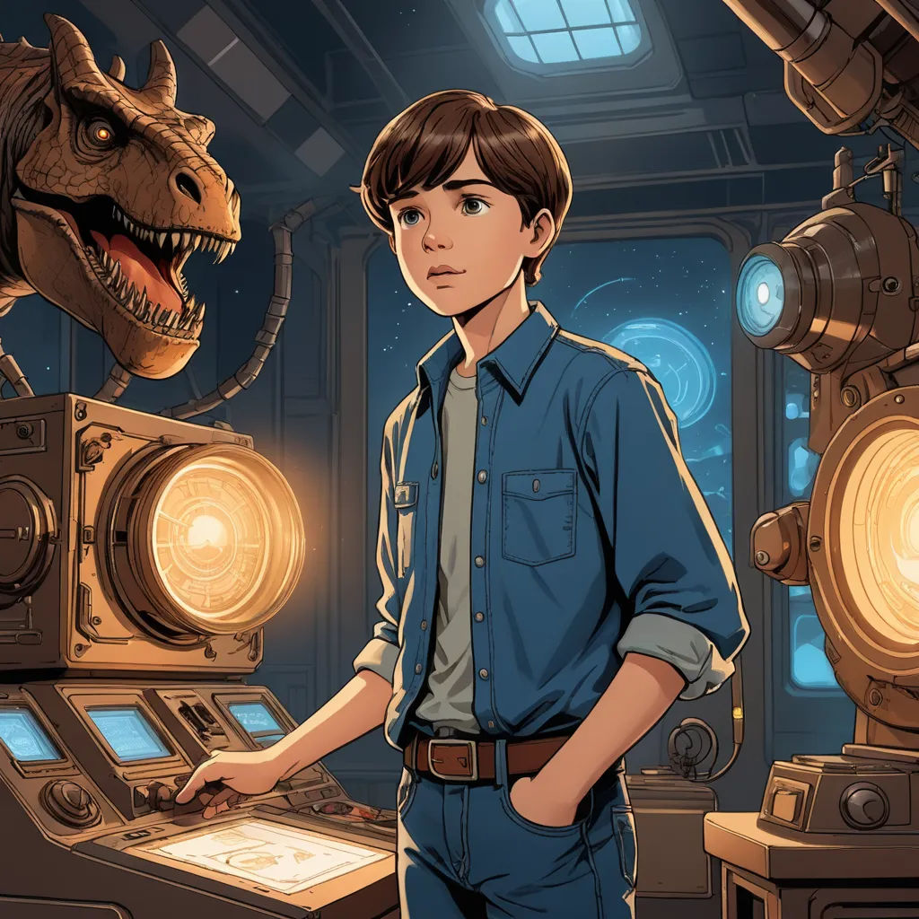 a boy standing in front of a computer screen with a dinosaur in the background and a man in a blue shirt, space art, poster art, Adam Rex, key art