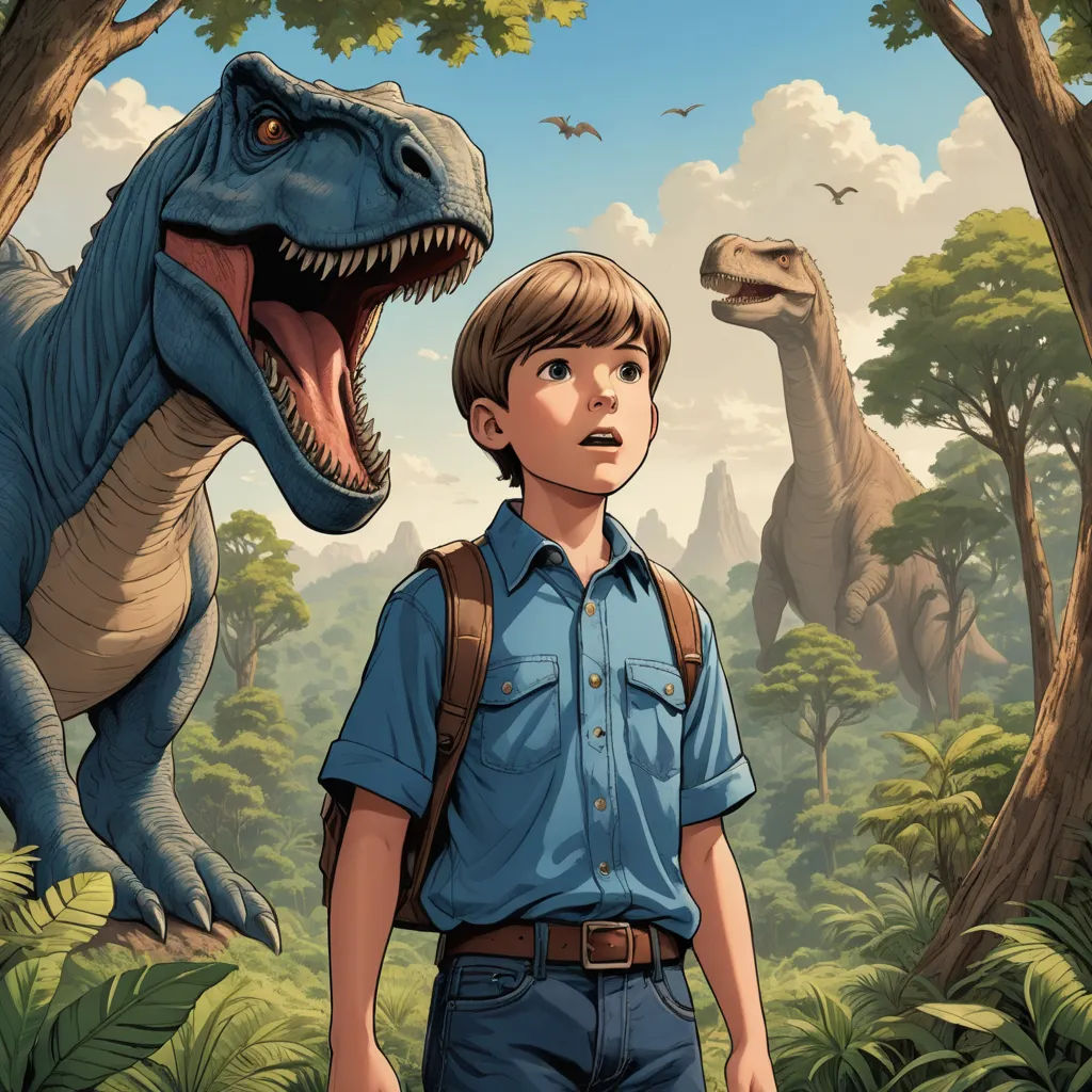 a boy standing in front of a dinosaur in a forest with a t - shirt on and a backpack on, process art, a storybook illustration, Adam Rex, rossdraws global illumination