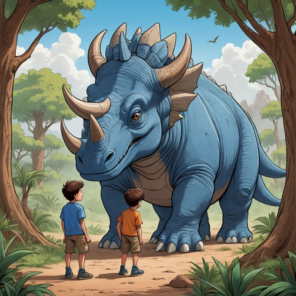 a boy and a boy standing in front of a dinosaur in a forest with trees and bushes behind him, lyco art, a storybook illustration, Adam Rex, storybook illustration