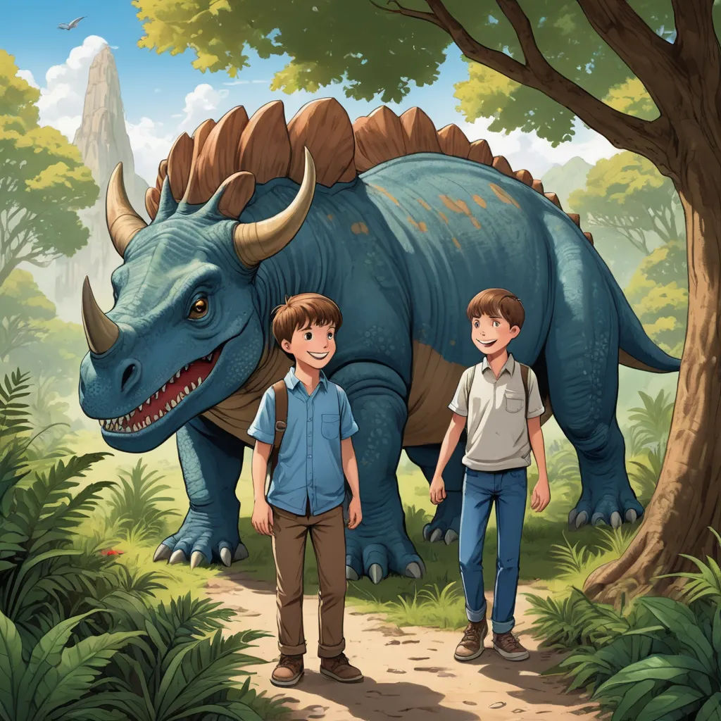 a boy and a boy standing in front of a dinosaur in a forest with trees and bushes on the ground, sots art, a storybook illustration, Adam Rex, official art