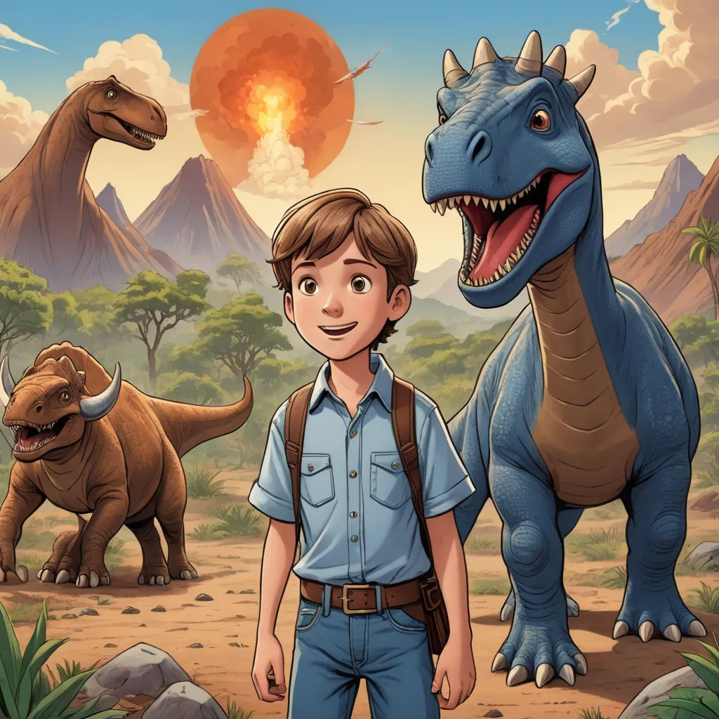 a boy standing in front of a dinosaur and another dinosaur in the background with a volcano in the background, sots art, a storybook illustration, Adam Rex, comic cover art