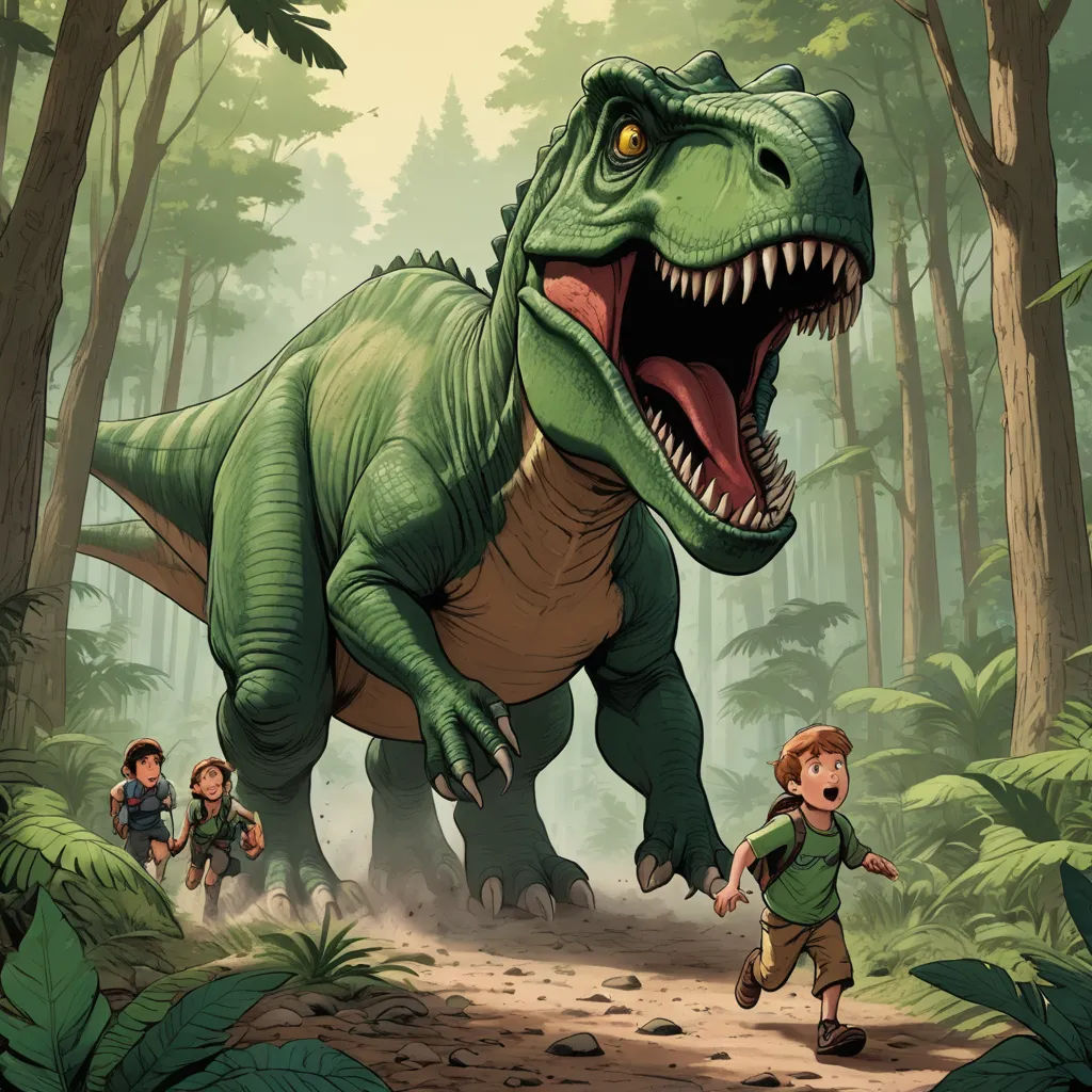 a dinosaur with a boy running in the woods with other dinosaurs in the background and a boy in the foreground, process art, a storybook illustration, Adam Rex, rossdraws global illumination