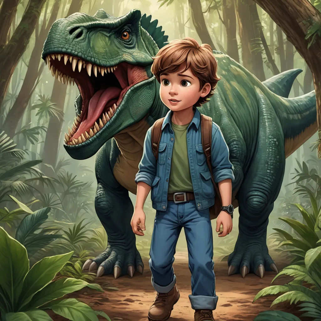 a boy standing in front of a dinosaur in a forest with a large dinosaur behind him and a man standing next to him, sots art, a storybook illustration, Adam Rex, highly detailed digital painting