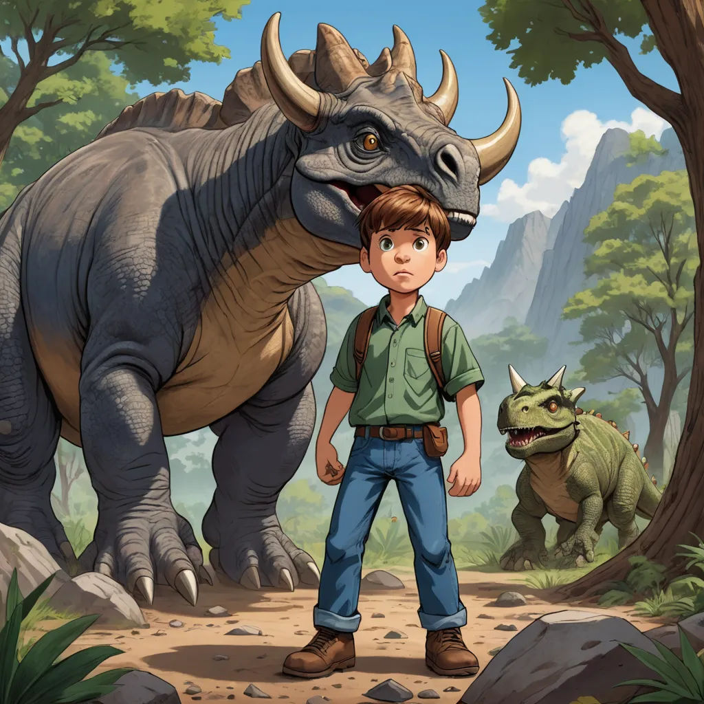 a boy standing in front of a dinosaur and a triloon in a forest with a mountain in the background, lyco art, a storybook illustration, Adam Rex, rossdraws global illumination