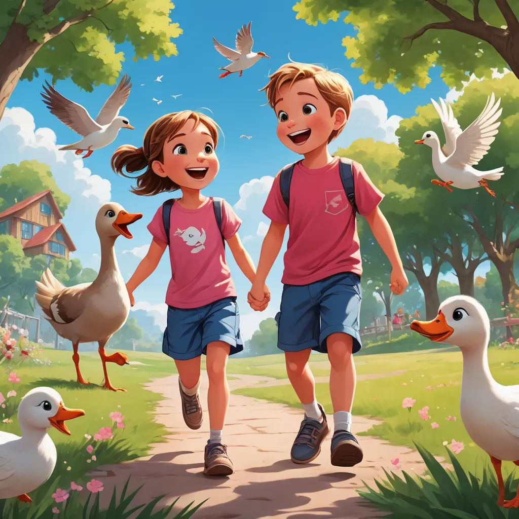 a couple of kids walking down a path with ducks and geese behind them on a sunny day with a blue sky, american scene painting, a storybook illustration, Chris LaBrooy, official art