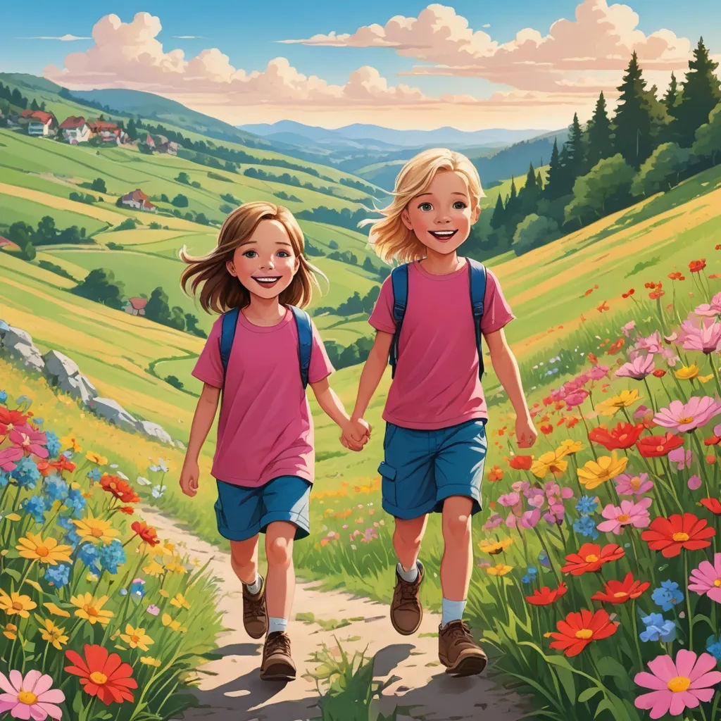 two children walking down a path in a field of flowers with a mountain in the background and a valley in the background, naive art, a storybook illustration, Brothers Hildebrandt, official art