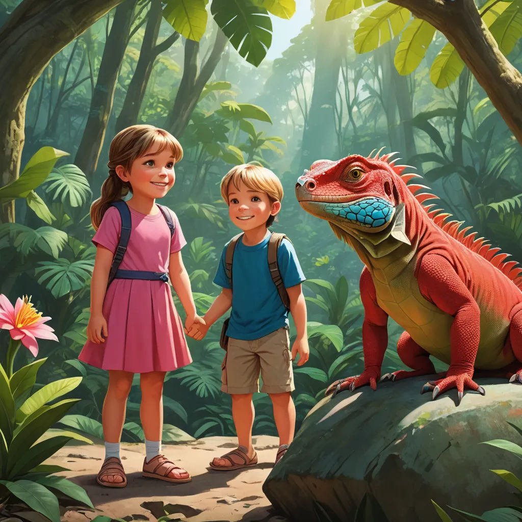 a boy and girl standing next to a large lizard in a jungle with a flower in its mouth and a large lizard on the ground, sots art, a storybook illustration, Adam Rex, storybook illustration