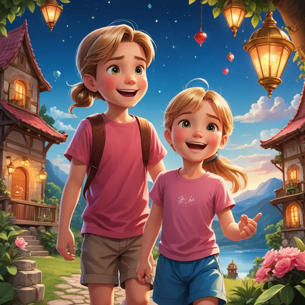 a couple of kids standing next to each other in front of a house with lanterns on it and a lake, fantasy art, a storybook illustration, disney, kinkade