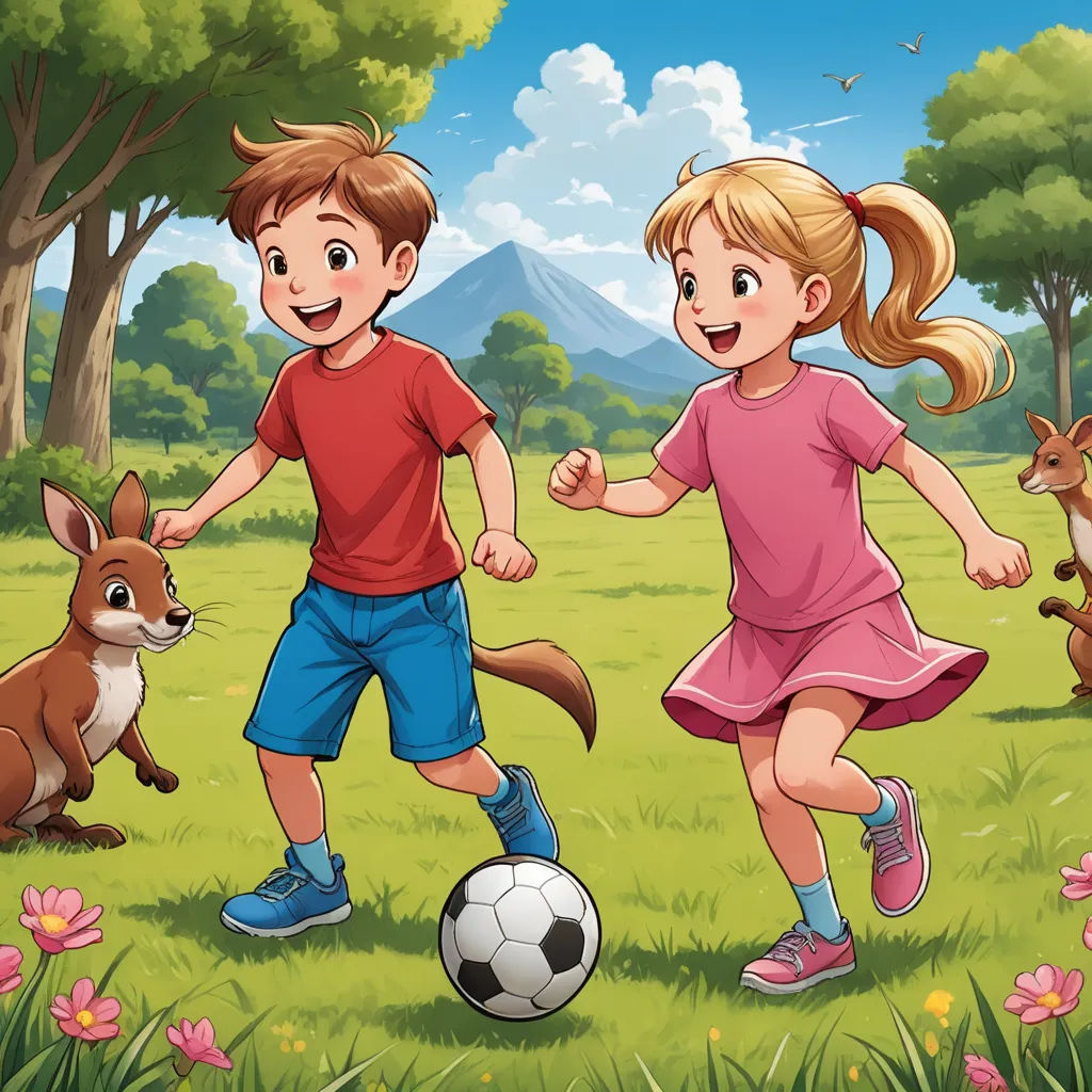 a boy and a girl playing soccer in the park with a kangaroo and kangaroo behind them illustration by alex wylock, lyco art, a storybook illustration, Andrew Robertson, storybook illustration