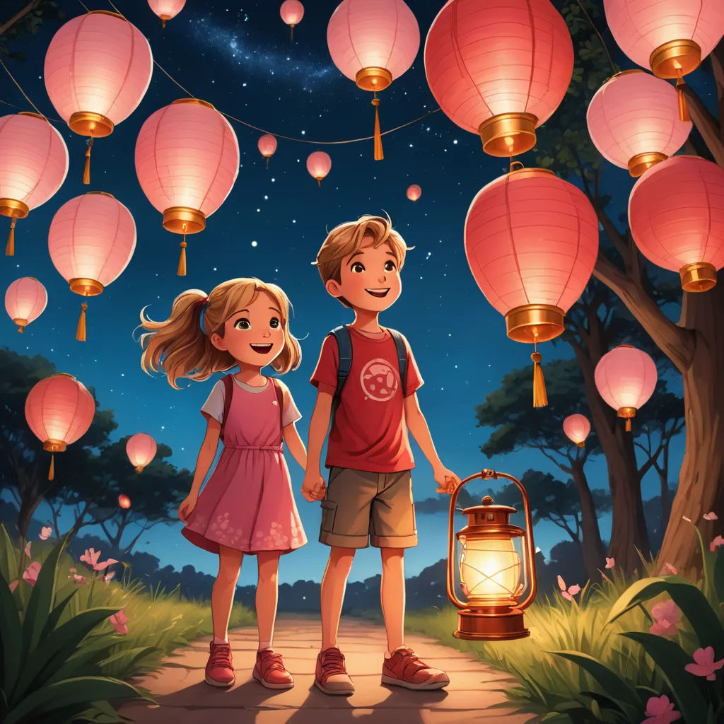 a boy and a girl holding hands under lanterns in the night sky with a path leading to them and a lantern hanging from the tree, magical realism, a storybook illustration, Diego Gisbert Llorens, rossdraws global illumination