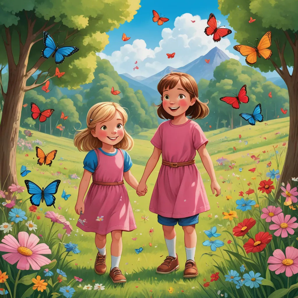 two girls are walking through a field with butterflies flying around them and a mountain in the background with a blue sky, naive art, a storybook illustration, Ada Gladys Killins, storybook illustration