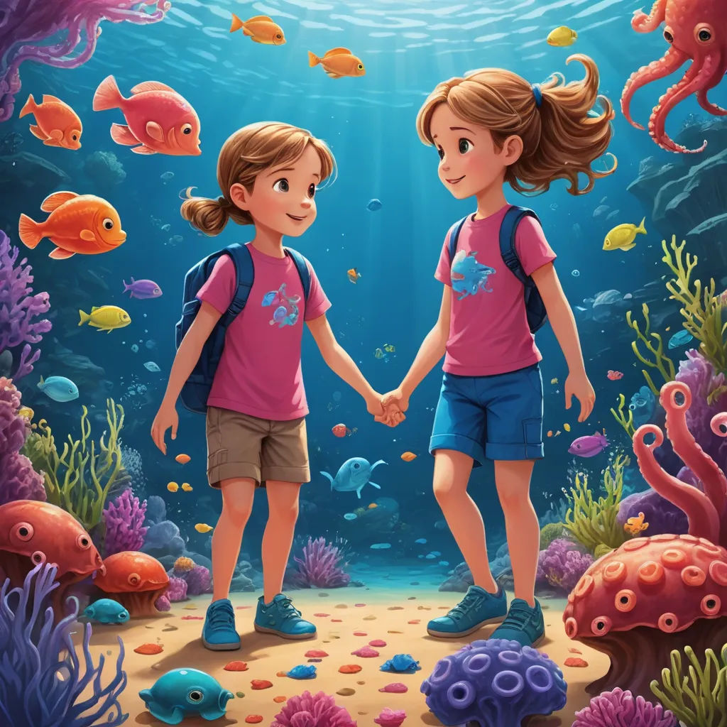 a couple of kids standing in front of a coral reef holding hands with an octopus in the background of the picture, pop surrealism, a storybook illustration, Diego Gisbert Llorens, highly detailed digital painting