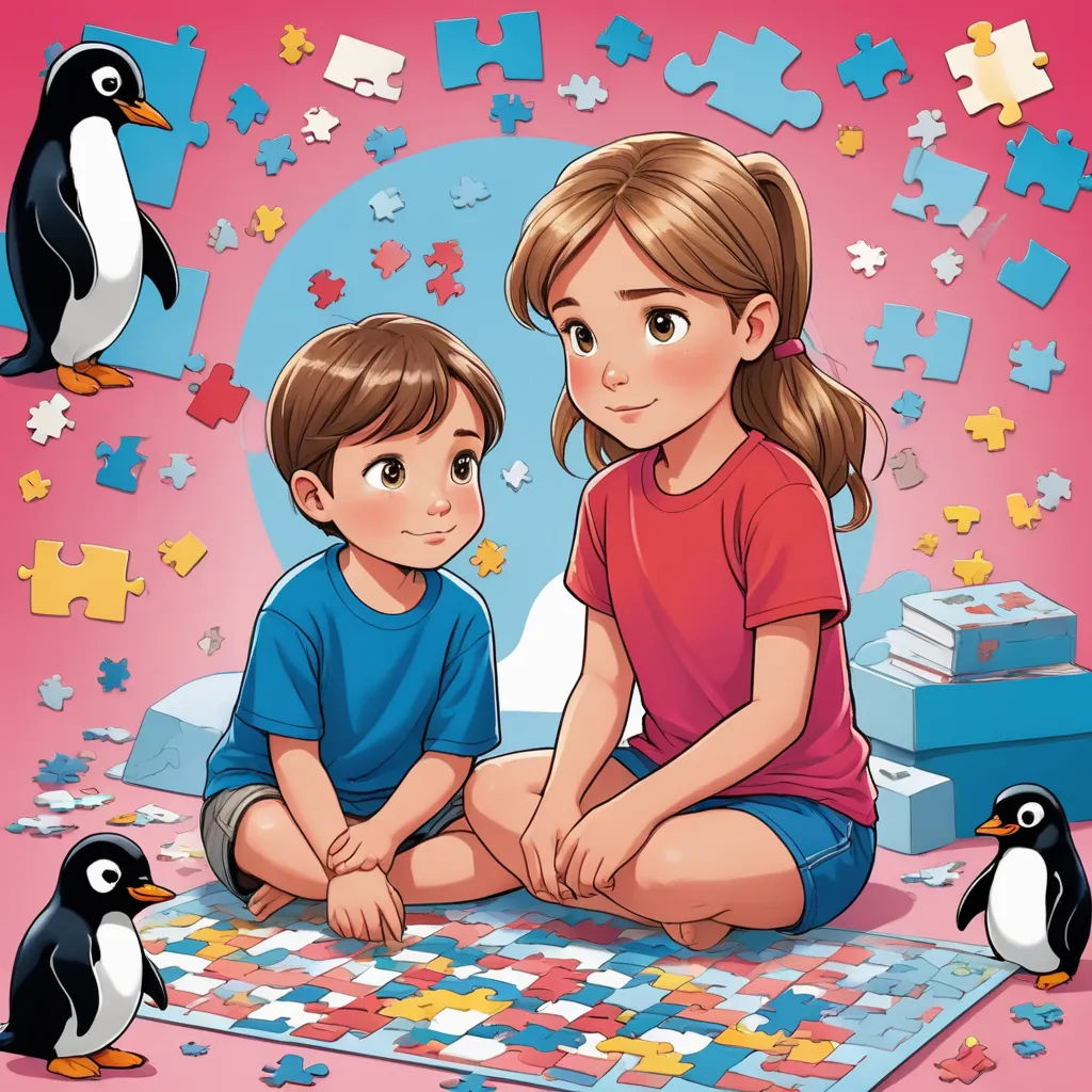 a girl and boy are playing with puzzles and penguins on the floor with a penguin on the floor, lyco art, a jigsaw puzzle, Diego Gisbert Llorens, comic cover art
