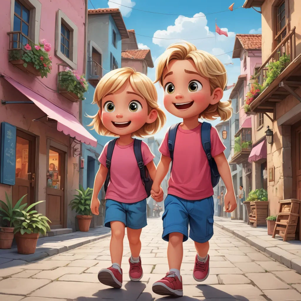 a couple of kids walking down a street next to each other on a sunny day with buildings in the background, paris school, a storybook illustration, Diego Gisbert Llorens, official art