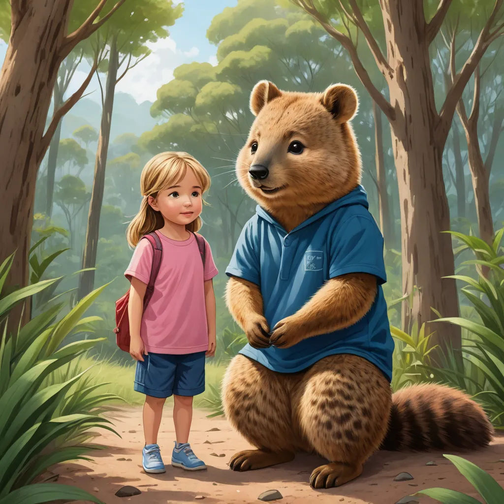 a girl standing next to a large brown bear in a forest with trees and bushes behind her and a large brown bear with a blue shirt on, furry art, a storybook illustration, Chris LaBrooy, official art