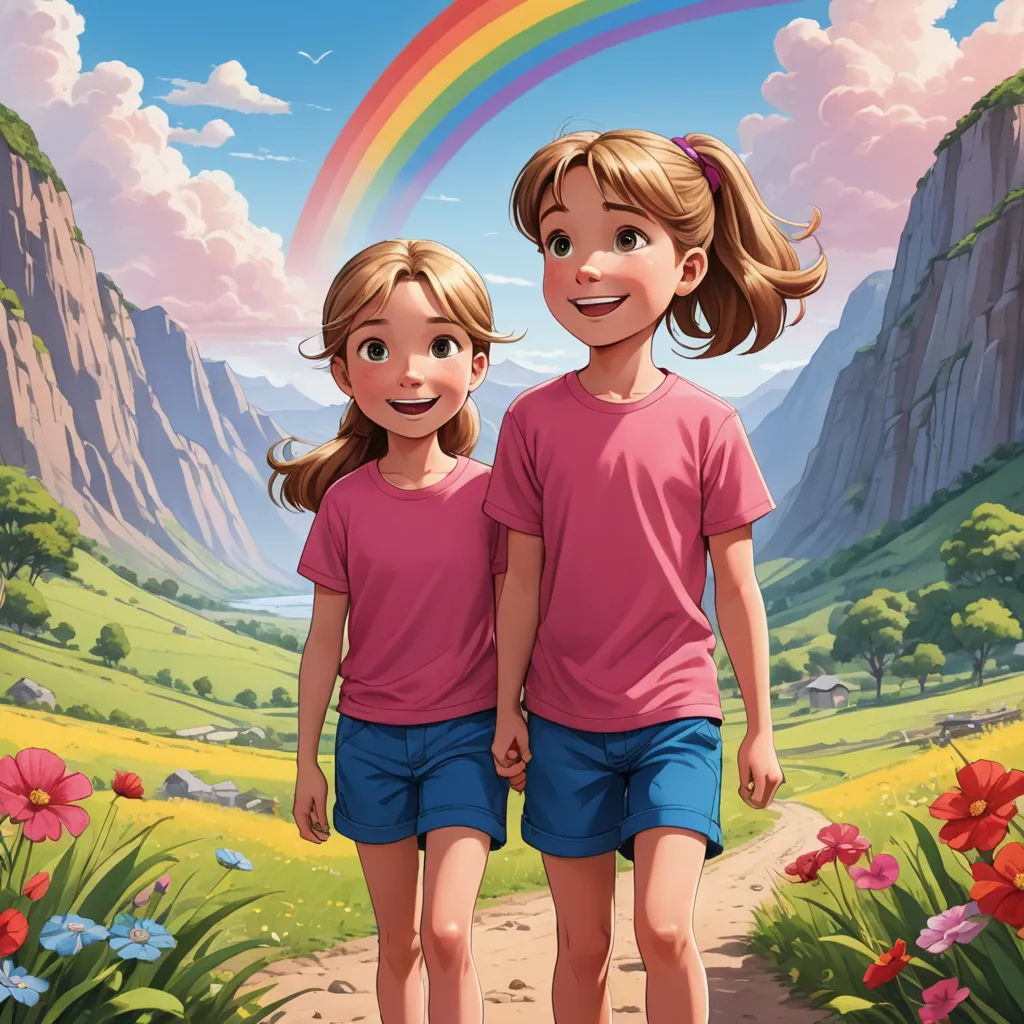 two girls are walking down a path towards a rainbow in the sky above them, with mountains and flowers in the background, lyco art, a storybook illustration, Brothers Hildebrandt, official art