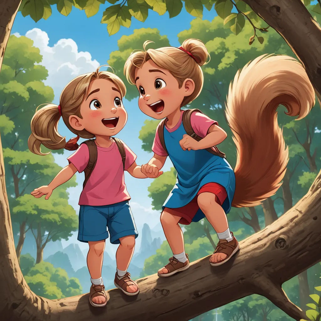 two girls are standing on a tree branch and one girl is holding the other's hand and the other girl is holding the other's hand, furry art, a storybook illustration, Diego Gisbert Llorens, storybook illustration