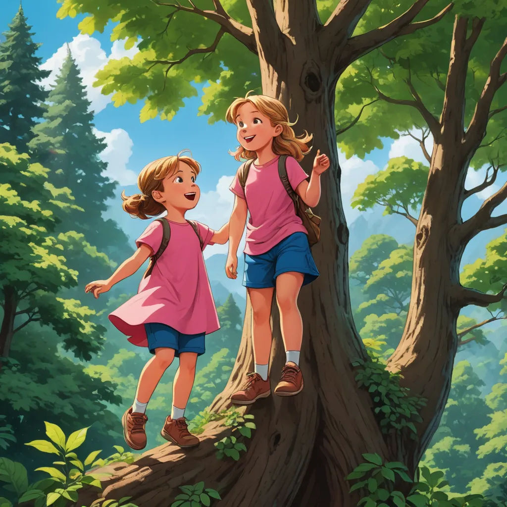 two girls are walking up a tree in the forest together, one is holding the hand of the other, american scene painting, a storybook illustration, Brothers Hildebrandt, official art