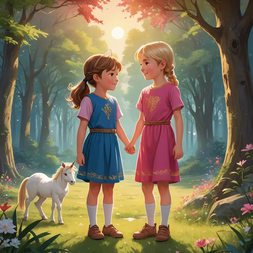 two little girls standing in a forest holding hands with a horse nearby by them, with a sun shining through the trees, sots art, a storybook illustration, Brothers Hildebrandt, official art