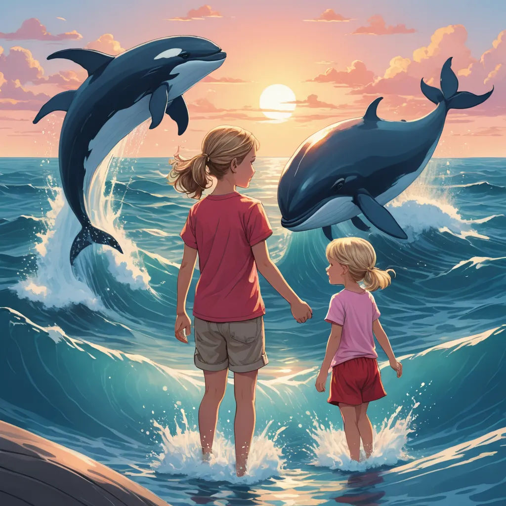a painting of two children watching dolphins in the ocean at sunset or sunrise time, with a dolphin jumping over them, fantasy art, a storybook illustration, Cliff Childs, storybook illustration