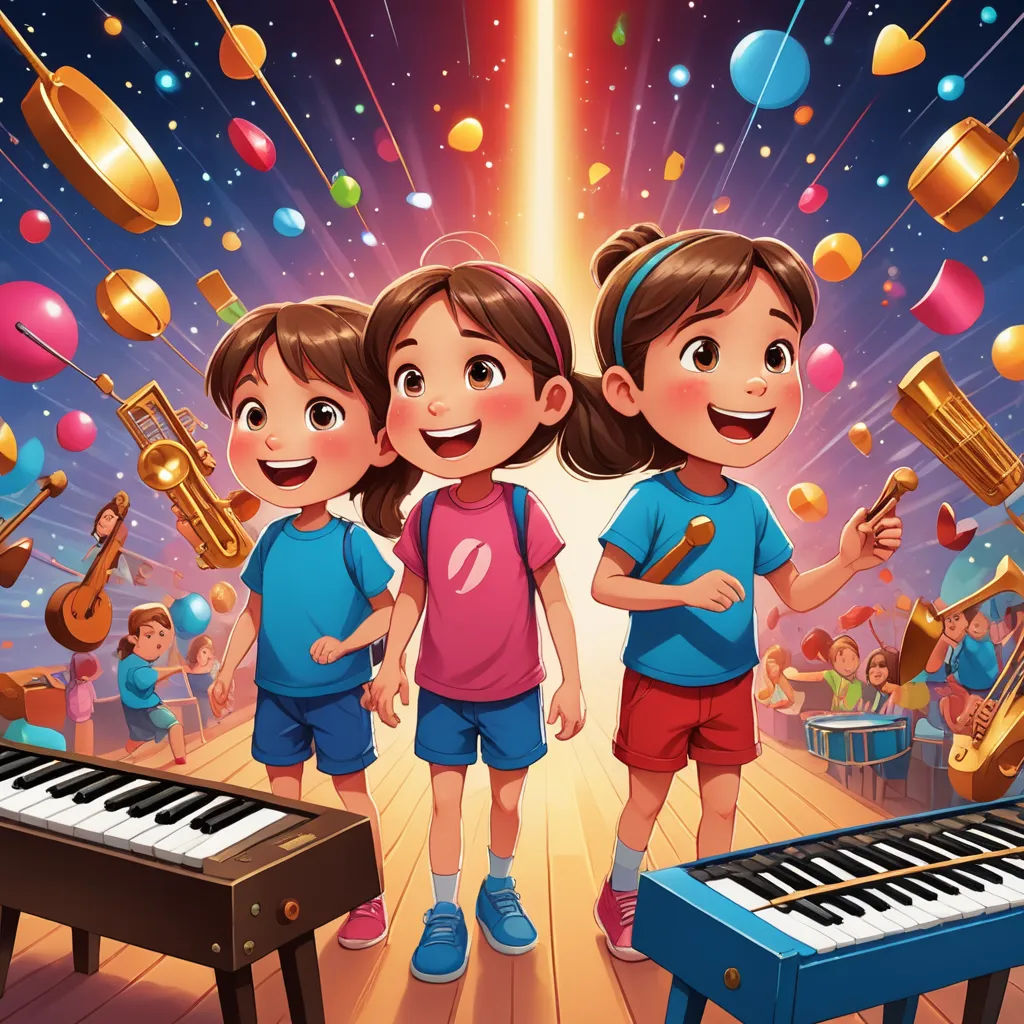 a group of children standing in front of a keyboard and musical instruments in a room with balloons and streamers, naive art, a storybook illustration, Diego Gisbert Llorens, key art