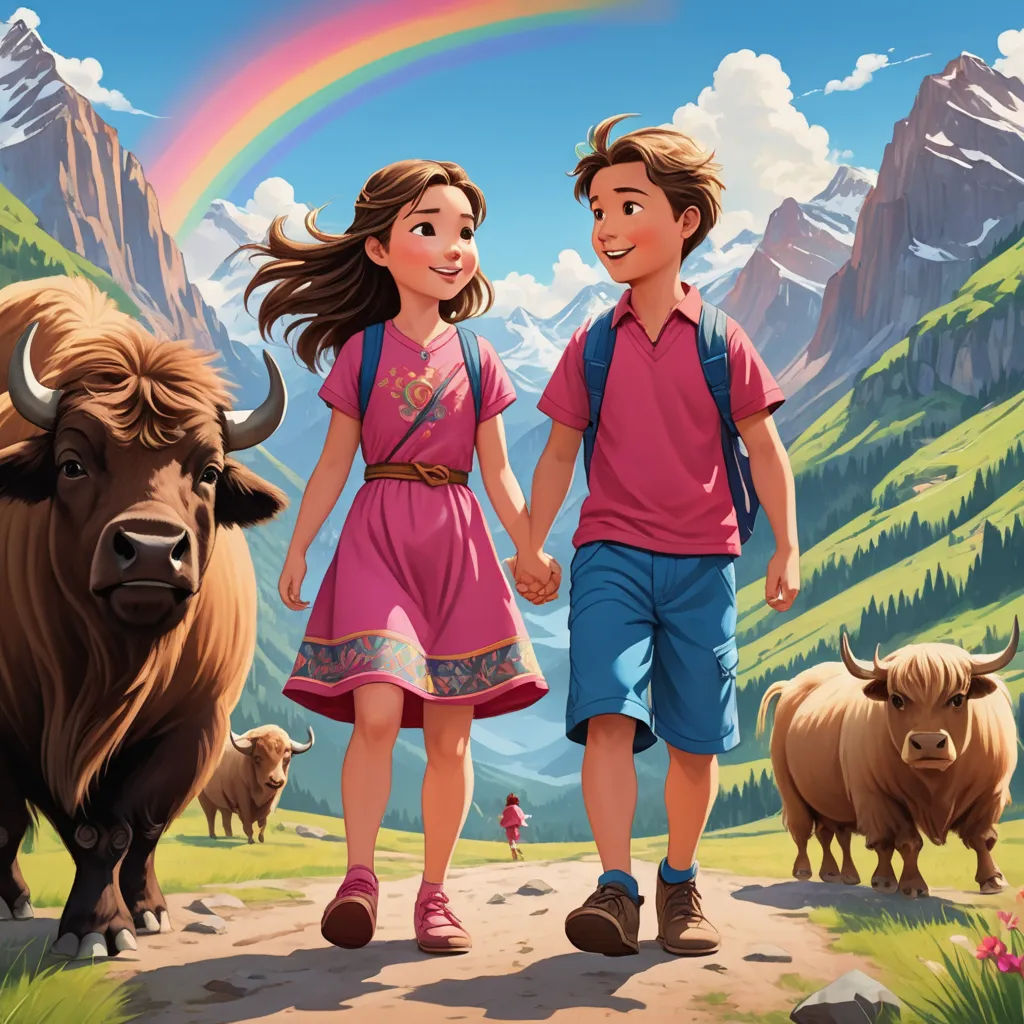 a boy and a girl are walking in the mountains with a rainbow in the background and a bison in the foreground, danube school, a storybook illustration, Amir Zand, promotional image
