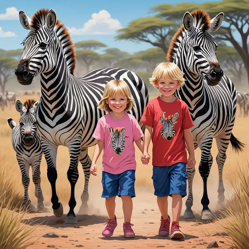 two children are standing in front of two zebras on a dirt road with trees in the background and a blue sky, photorealism, a storybook illustration, Brothers Hildebrandt, highly detailed digital painting