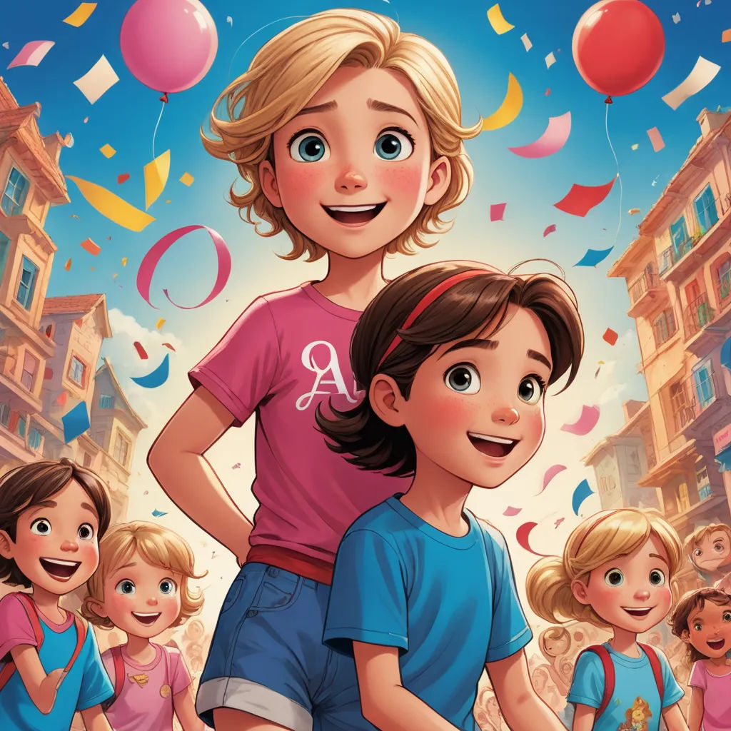 a cartoon of a girl and boy standing in front of a crowd of children with balloons and streamers, renaissance, a storybook illustration, Coppo di Marcovaldo, official art