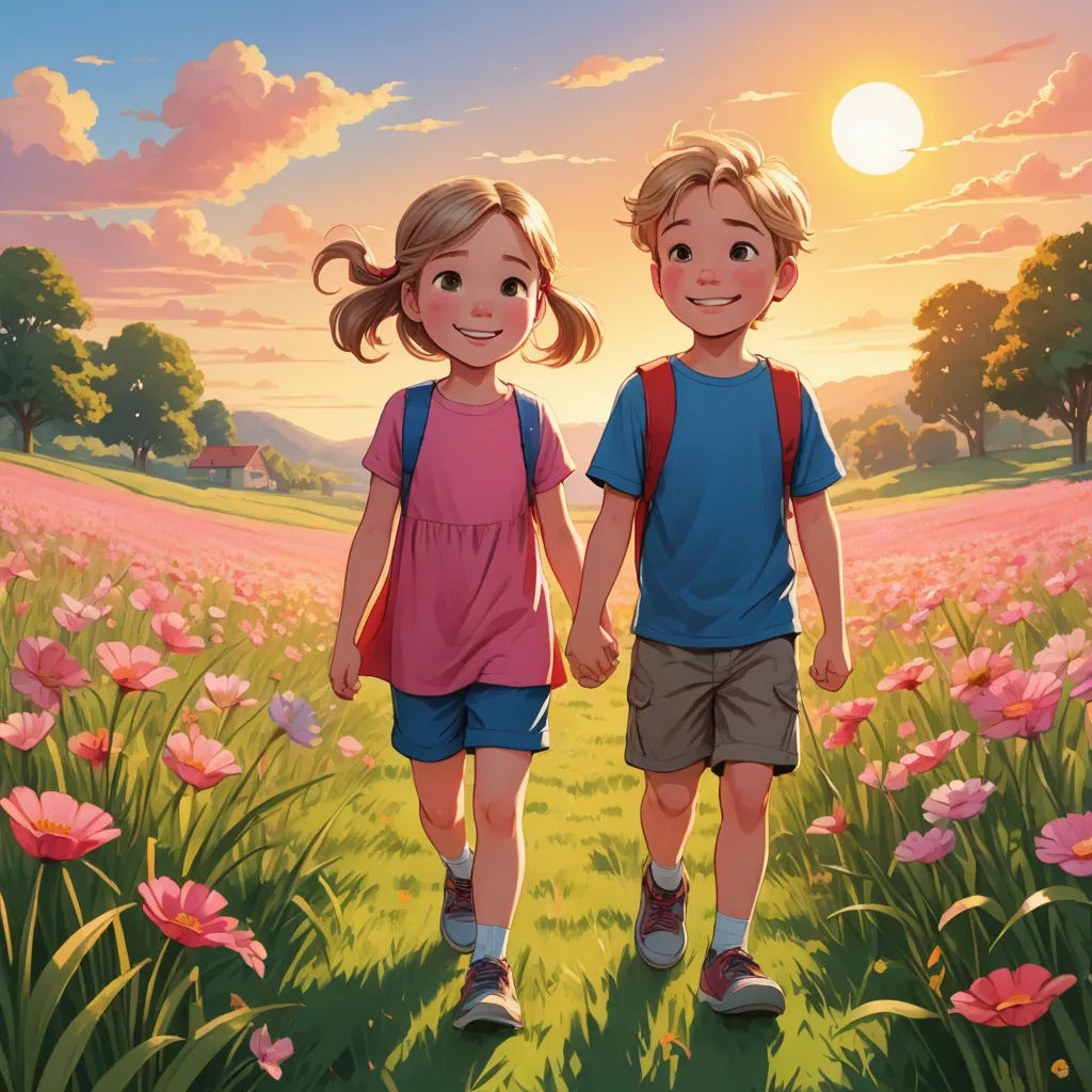 a couple of kids walking across a field of flowers at sunset with a sky background and sun setting behind them, american scene painting, a storybook illustration, Brothers Hildebrandt, rossdraws global illumination