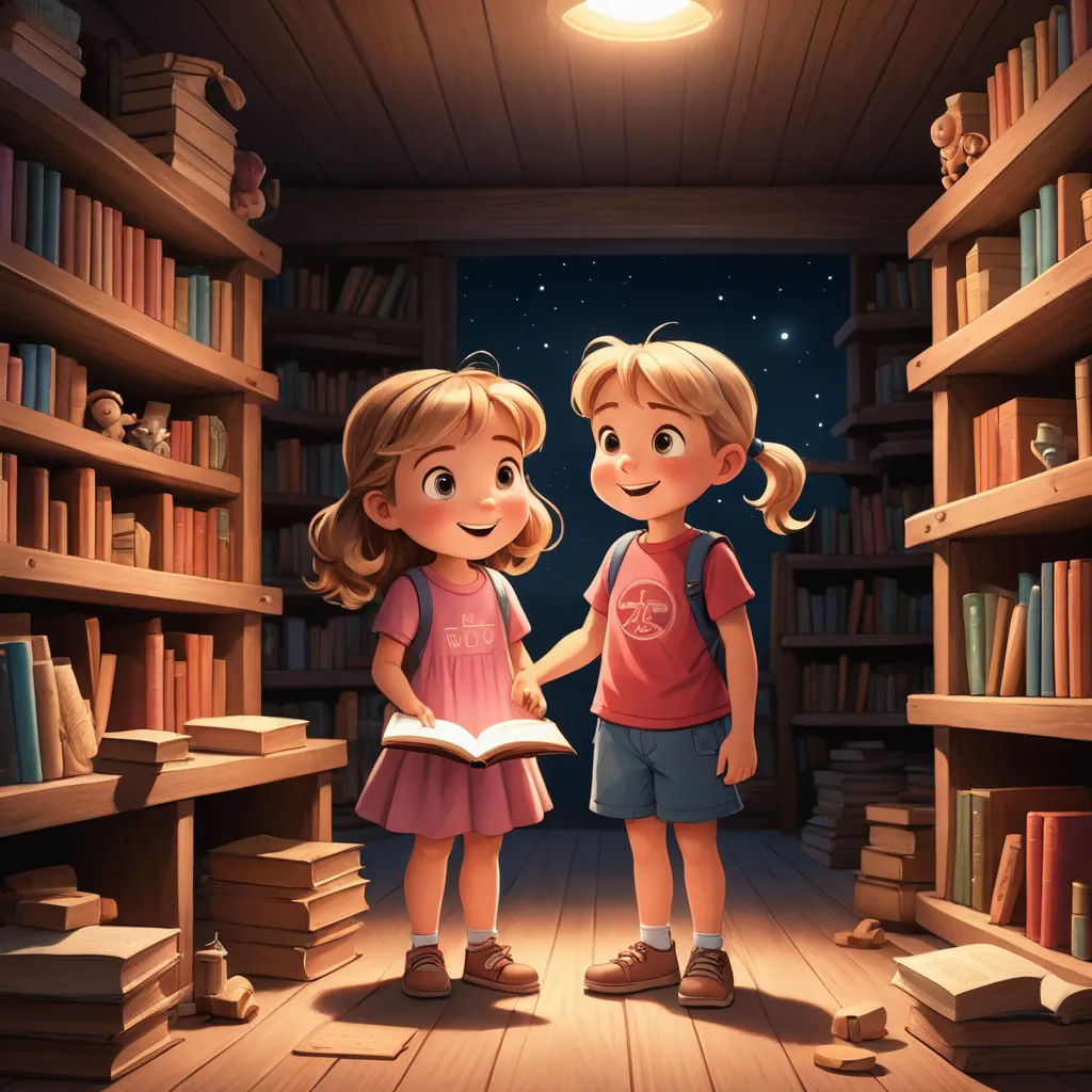two children standing in a library with books on shelves and a bookcase full of books behind them, looking at each other, fantasy art, a storybook illustration, Cyril Rolando, storybook illustration