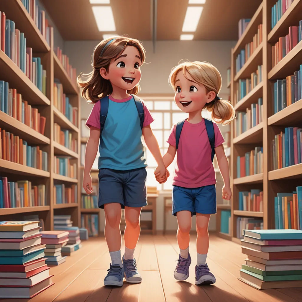 two young girls walking through a library holding hands and smiling at each other's faces, with bookshelves in the background, fantasy art, a storybook illustration, Chris LaBrooy, storybook illustration