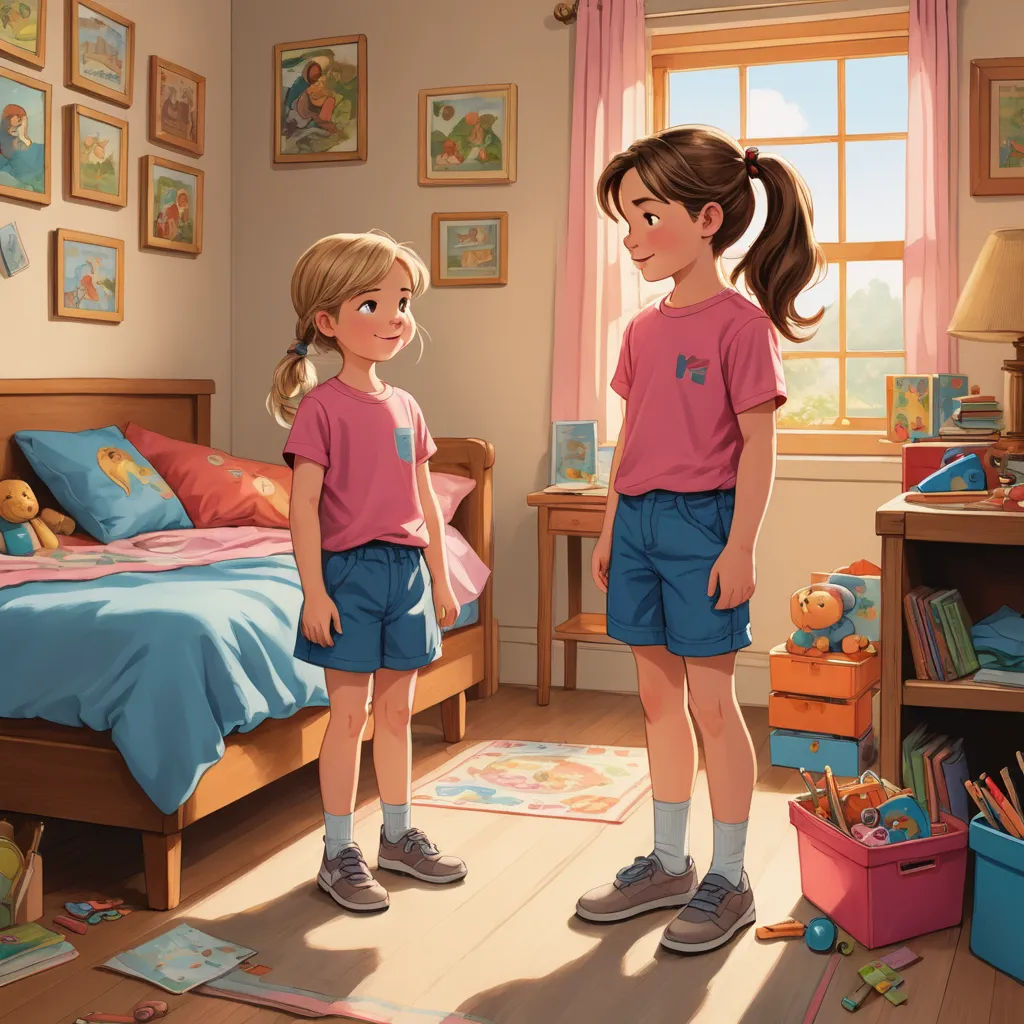 a painting of two girls standing in a bedroom with a bed and a dresser with toys on it and a window with pink curtains, american scene painting, a storybook illustration, Caroline Lucy Scott, official art