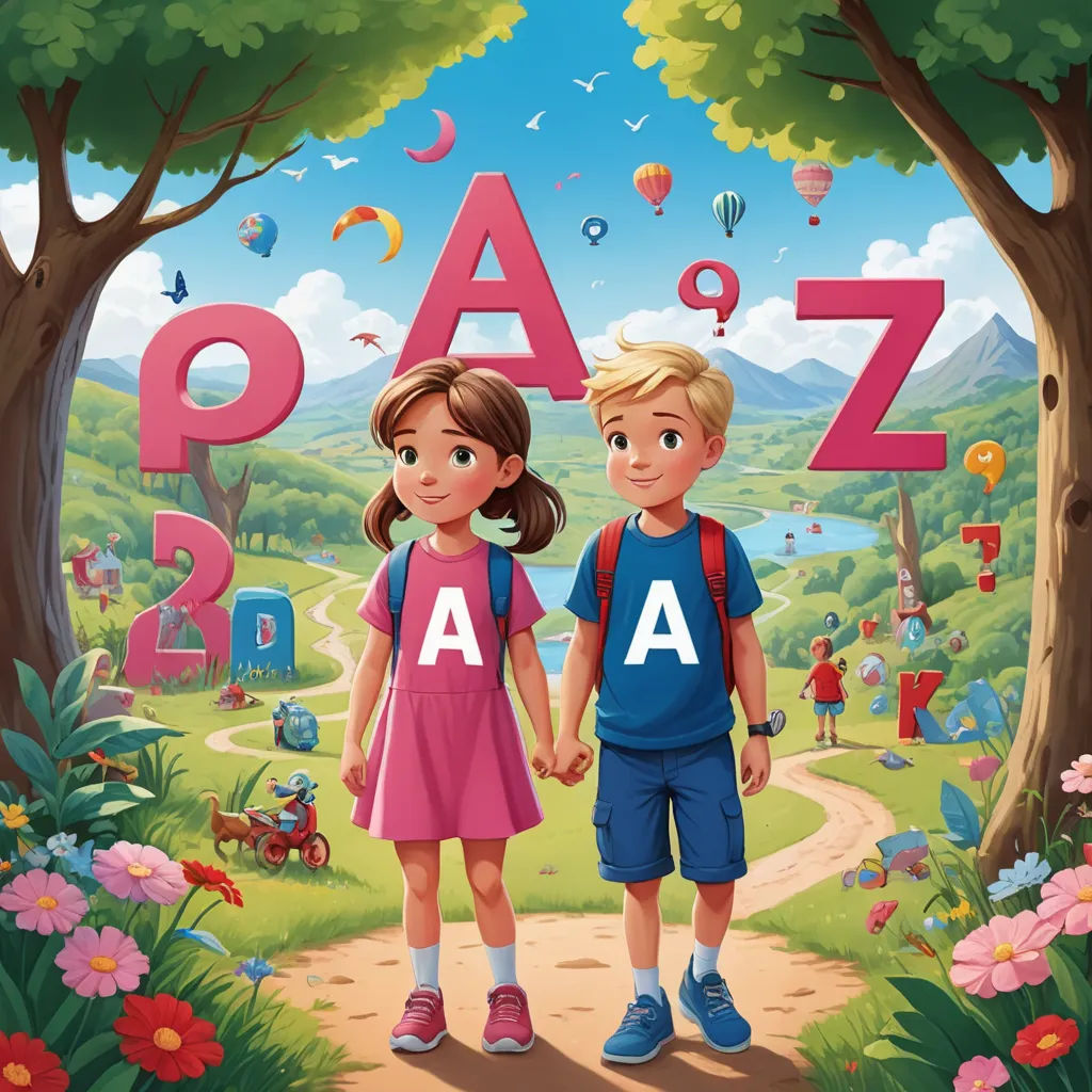 a couple of kids holding hands in front of a forest with a sign that says pazz and a, art & language, a storybook illustration, Art & Language, graphic design