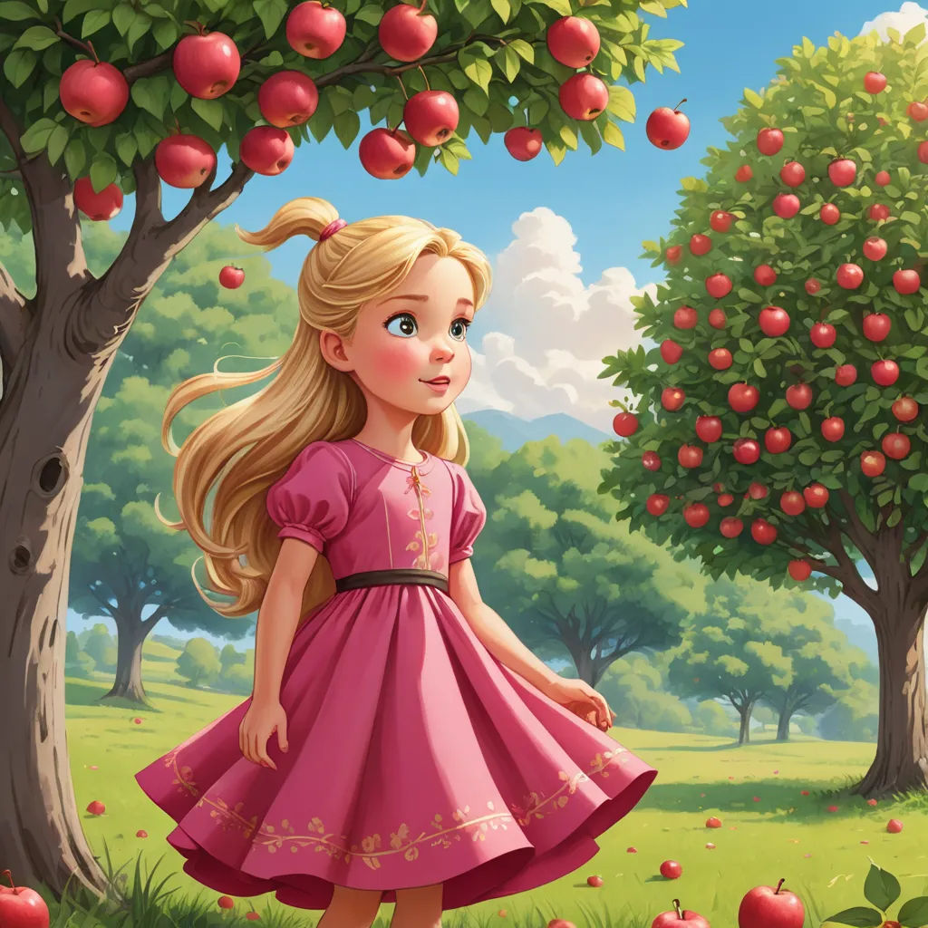 a girl in a pink dress standing in a field of apples under a tree with a bunch of red apples, pop surrealism, a storybook illustration, Alice Prin, storybook illustration