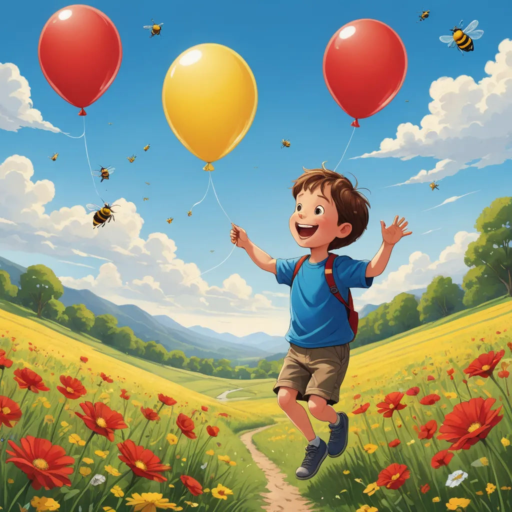 a boy running through a field with balloons in the air and a bee flying above him in the background, naive art, a storybook illustration, Aaron Jasinski, highly detailed digital painting