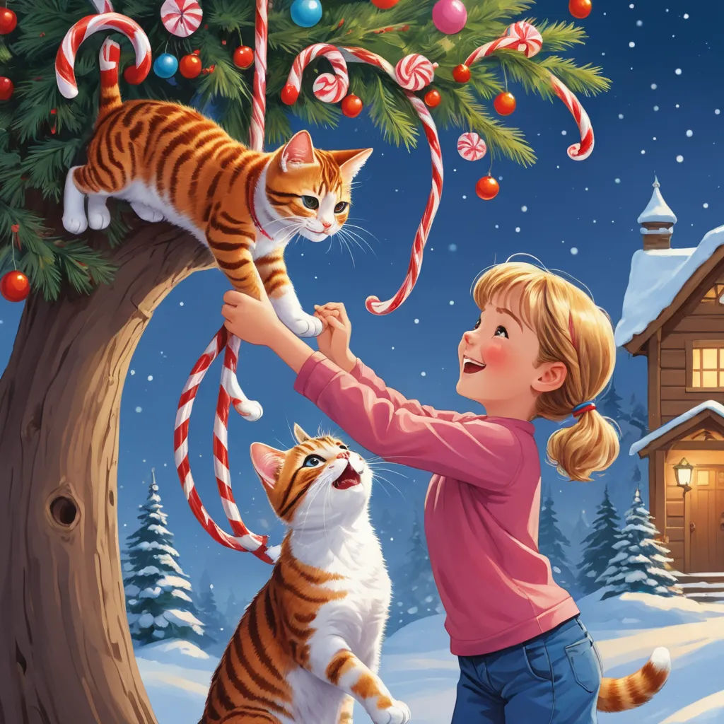 a girl is playing with a cat in the snow by a christmas tree with candy canes and a cat, naive art, a storybook illustration, David Brewster, official art