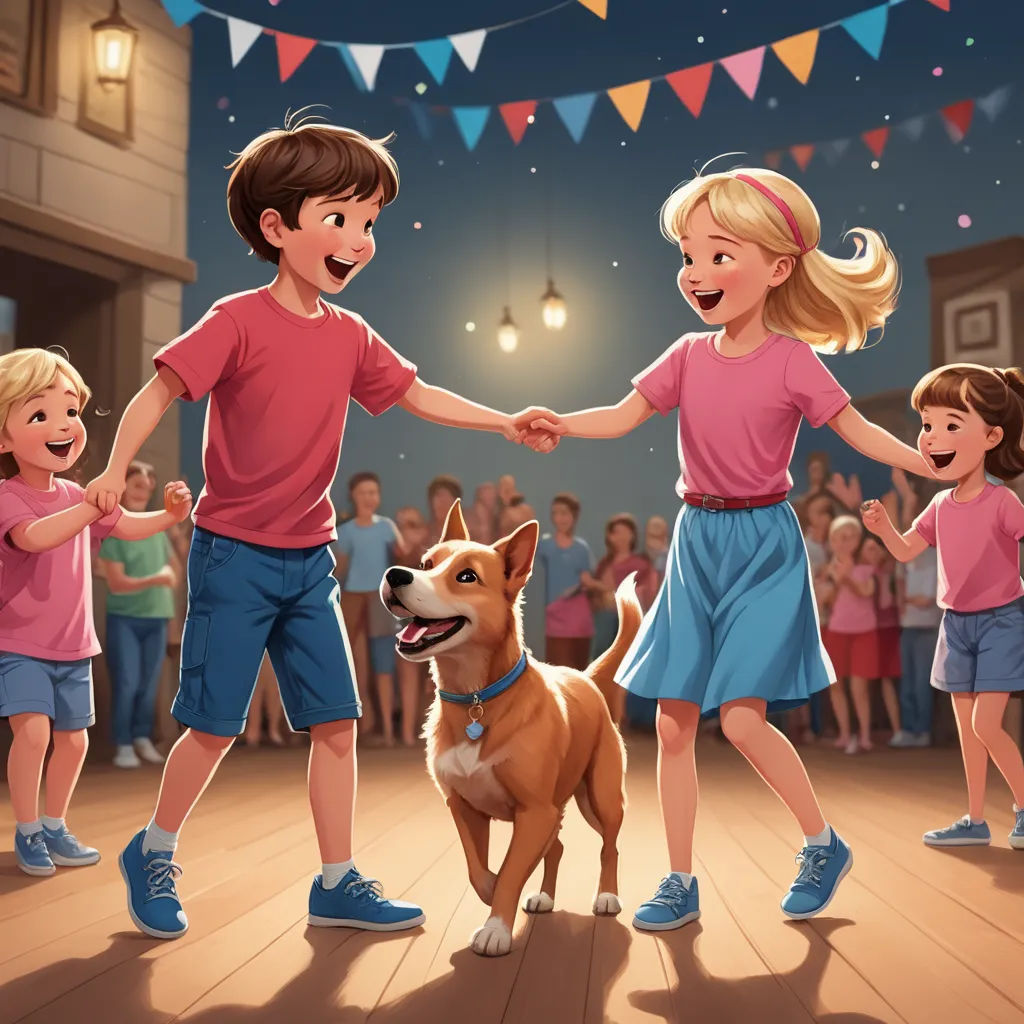 a group of children and a dog dancing together in a room full of people and bunting flags hanging from the ceiling, american scene painting, a storybook illustration, Diego Gisbert Llorens, storybook illustration