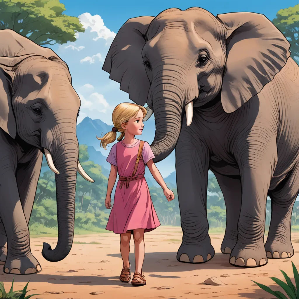 a girl is standing next to two elephants in the wild, one of them is touching the trunk of the elephant, magical realism, a storybook illustration, Cliff Childs, promotional image