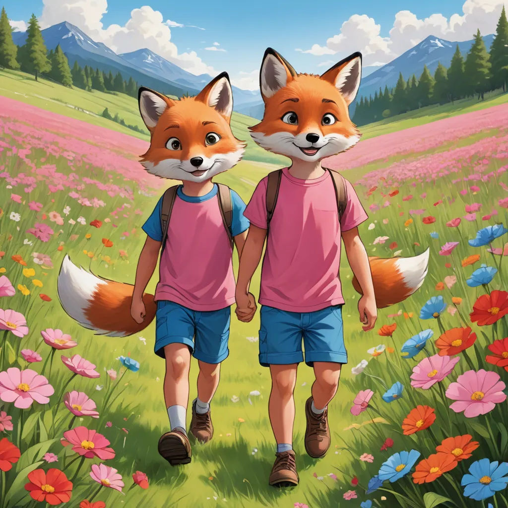 a couple of foxes walking across a field of flowers next to each other on a sunny day with mountains in the background, furry art, a storybook illustration, Aaron Jasinski, official art