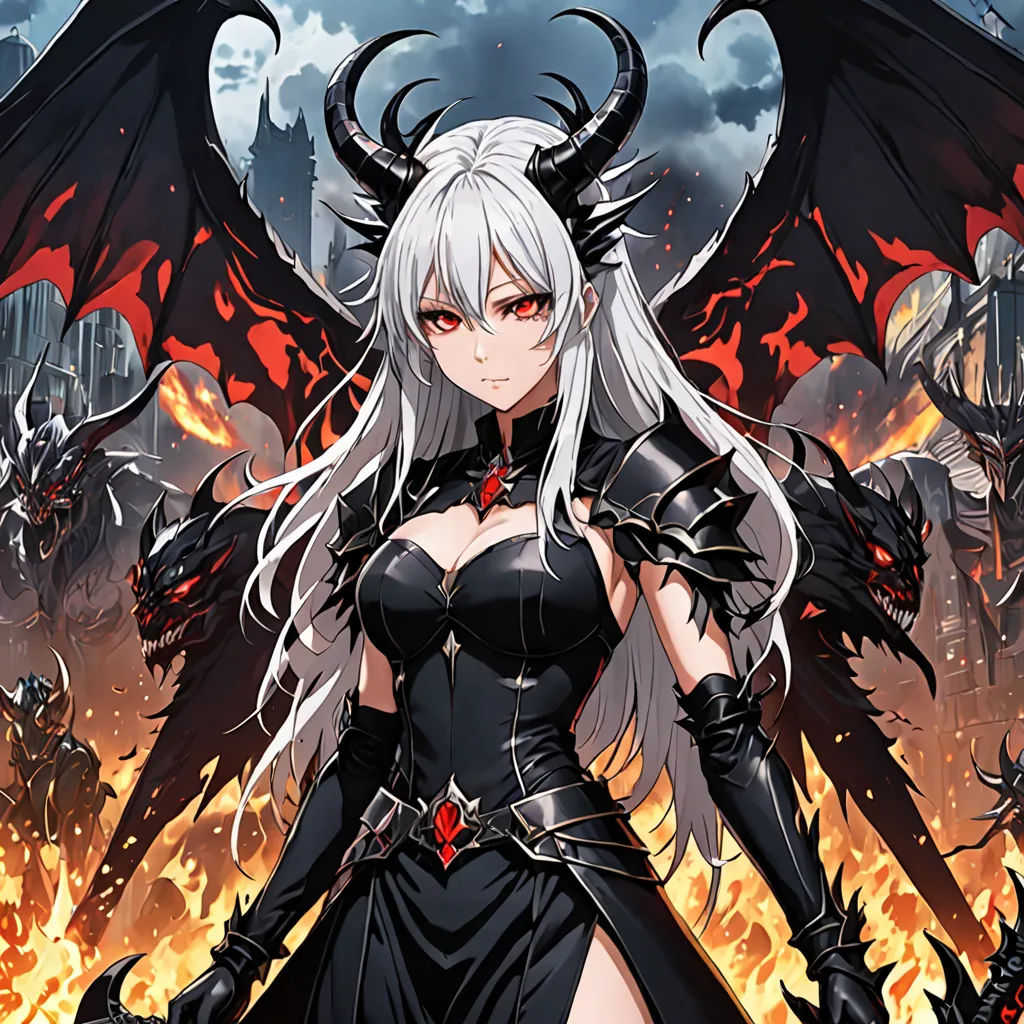 a woman in a black outfit with a dragon wings on her head and a demon on her shoulder, standing in front of a fire, fantasy art, concept art, Anne Stokes, dragon art