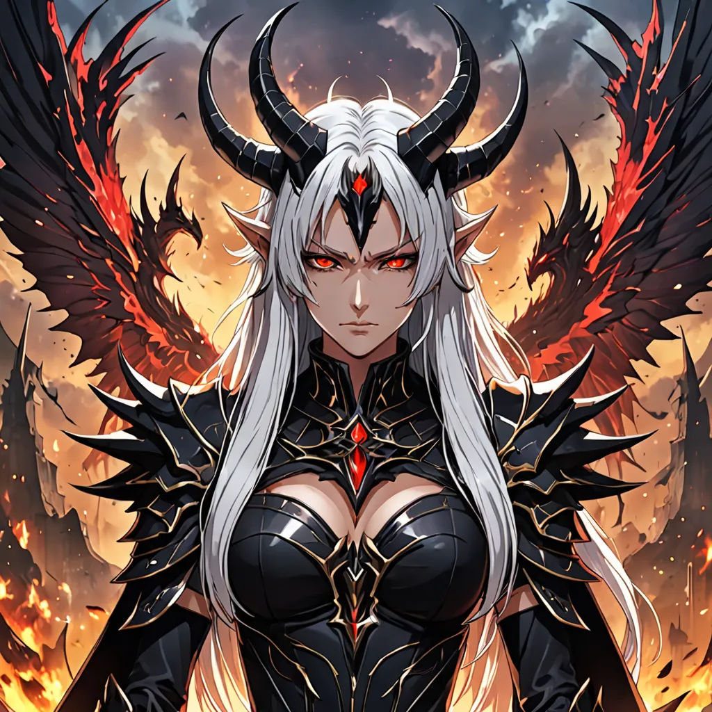 a woman with long white hair and horns in a black outfit with red eyes and wings on her chest, fantasy art, a detailed painting, Anne Stokes, epic fantasy character art